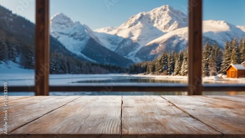 Empty wooden table with beautiful snow mountain winter season background, photorealistic 