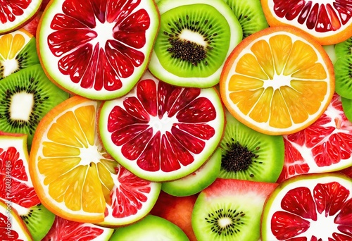 bright fruit background  slices of red orange  lemon and kiwi