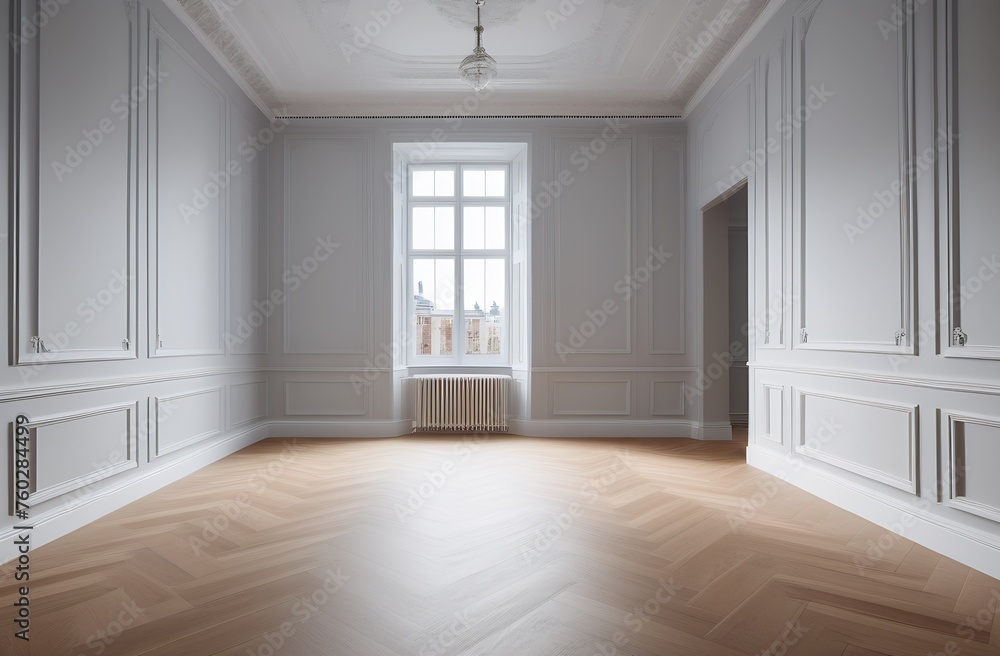 Fototapeta premium White Classic Wall Background, Brown Parquet Floor, Minimalist Room Interior With White Wall