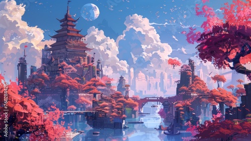 Fantasy Landscape temple Illustration © Ariestia