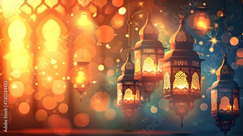 Ramadan Kareem Realistic Poster Design With Full Of Lantern Light Background