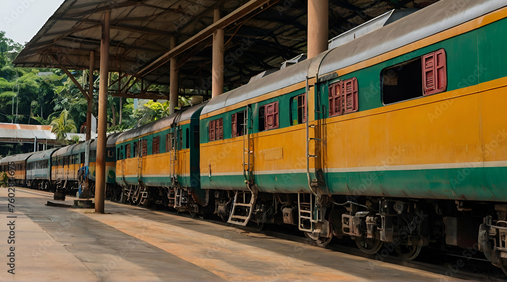 The old multicolored passenger diesel train waiting for passengers at the platform of Chiang Mai train station, Thailand. low angle and perspective side. generative.ai
