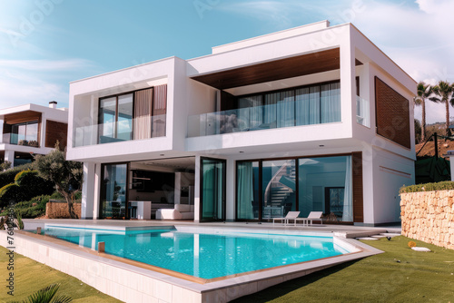 Photo of a modern home with a pool, white stucco walls and glass windows, with the back garden in view, © Kien