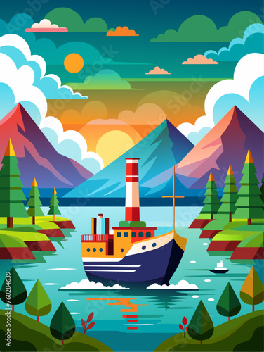 A ship sails through a tranquil sea against a backdrop of a picturesque sunset.
