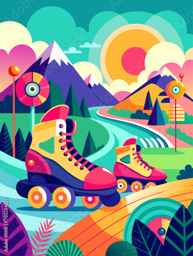 A rollerblader glides through a serene landscape, surrounded by rolling hills and vibrant greenery.