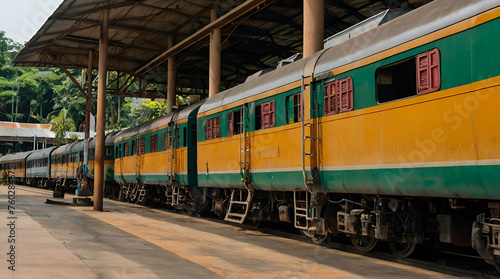 The old multicolored passenger diesel train waiting for passengers at the platform of Chiang Mai train station, Thailand. low angle and perspective side. generative.ai