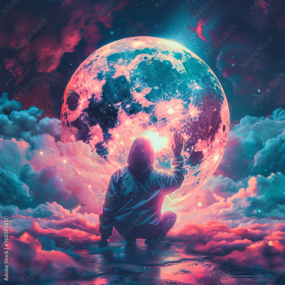 Mystical figure touching a giant moon - An entrancing scene portraying a hooded figure touching a massive pink moon among a starry sky and fluffy clouds