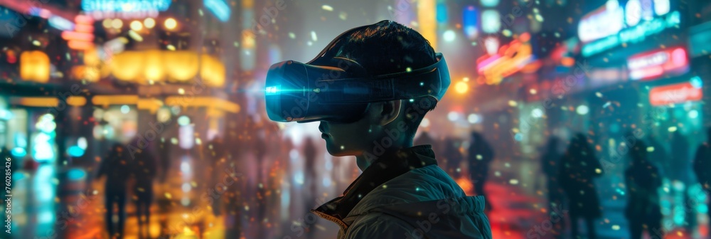 Person experiencing VR in illuminated city - An individual stands immersed in a virtual reality environment, the city lights blurring around them in a display of technology and innovation