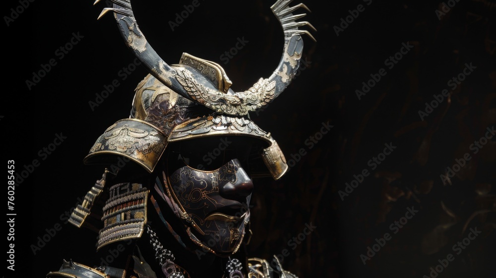 Naklejka premium Samurai armor in a dramatic lighting - A dramatic and detailed image of traditional samurai armor showcased with a powerful black background