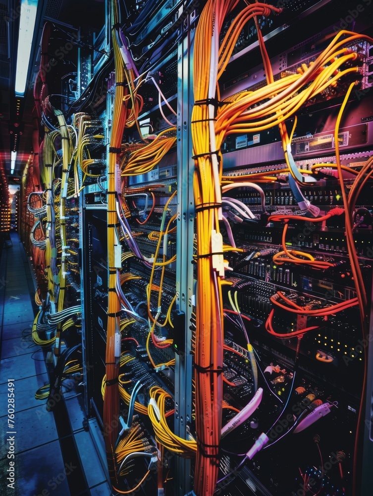 Server room with vibrant cable management - A well-organized server room with vibrant colored cables and futuristic lighting, depicting technology infrastructure