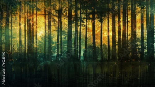 Mysterious forest sunset digital art - Digital artwork of a forest at sunset, blending warm light with dark tree silhouettes © Mickey