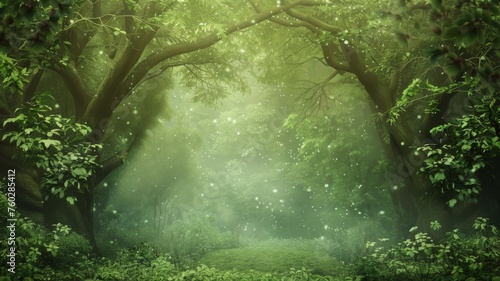 Mystical green forest with glittering particles - A serene green forest landscape with glittering light particles floating in the air  evoking a tranquil mood