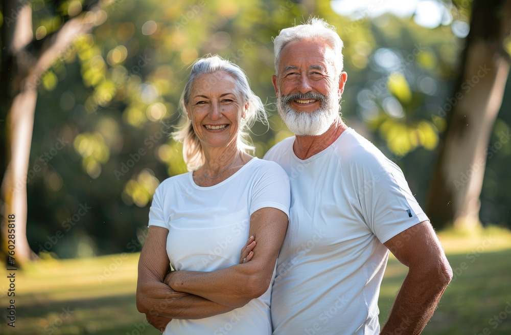Portrait of a happy senior couple doing sport in the park, representing a healthy lifestyle concept
