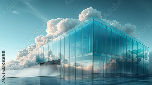 A glass building with clouds reflecting on it symbolises the idea of cloud computing and digital technology. photo