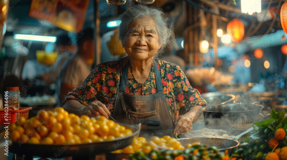 Portrait of a friendly woman food stall owner, proudly displaying a heaping bowl of golden fried snacks, captures the vibrant essence of local street food culture.