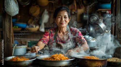  A cheerful street food vendor poses with a warm smile, surrounded by her delicious, freshly fried specialties in a bustling market setting.