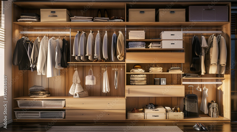 an open closet design suitable for small spaces, utilizing vertical storage solutions, sliding panels, and multipurpose furniture pieces High detailed and high resolution smooth and high quality photo