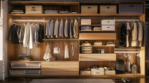 an open closet design suitable for small spaces, utilizing vertical storage solutions, sliding panels, and multipurpose furniture pieces High detailed and high resolution smooth and high quality photo