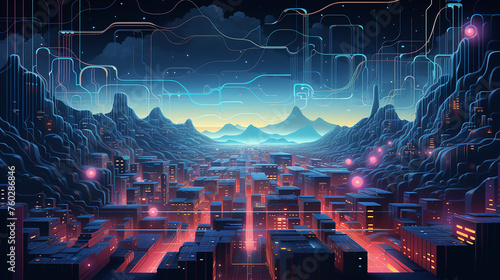 Illustration Glowcore flat design. Modern electric circuit illustration texture background. Neon light mountain.
