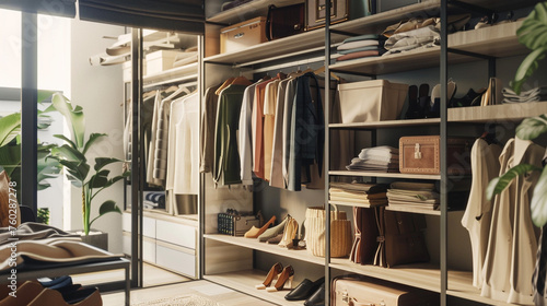 an open closet layout inspired by nature, incorporating elements like natural wood shelving, leaf motifs, and earthy color schemes High detailed and high resolution smooth and high quality photo