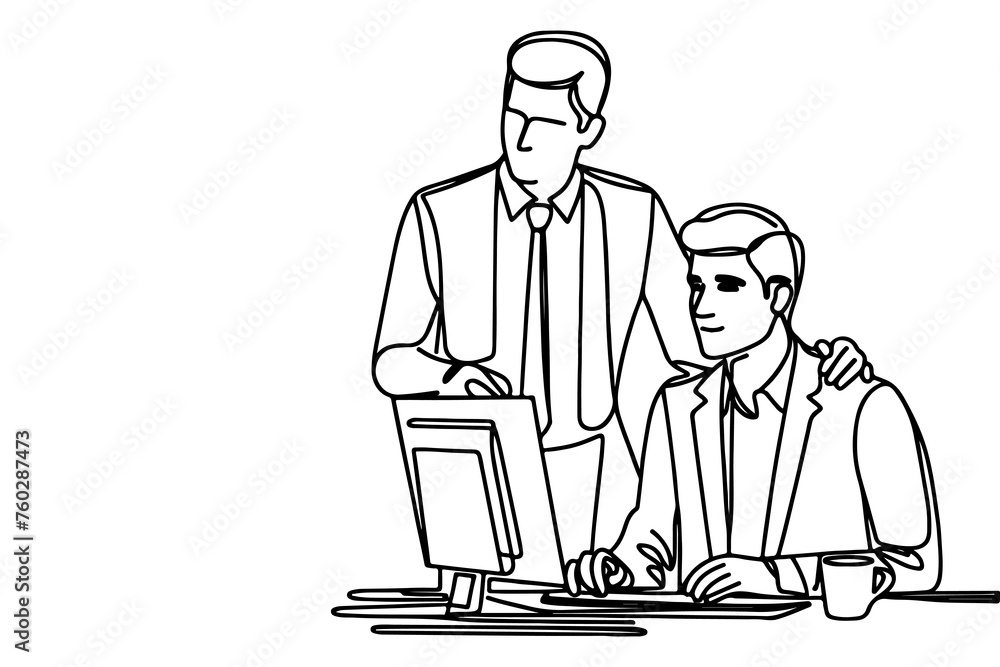 Business man helps colleague at work place and give encouragement vector illustration on white background. continuous one line drawing cartoon