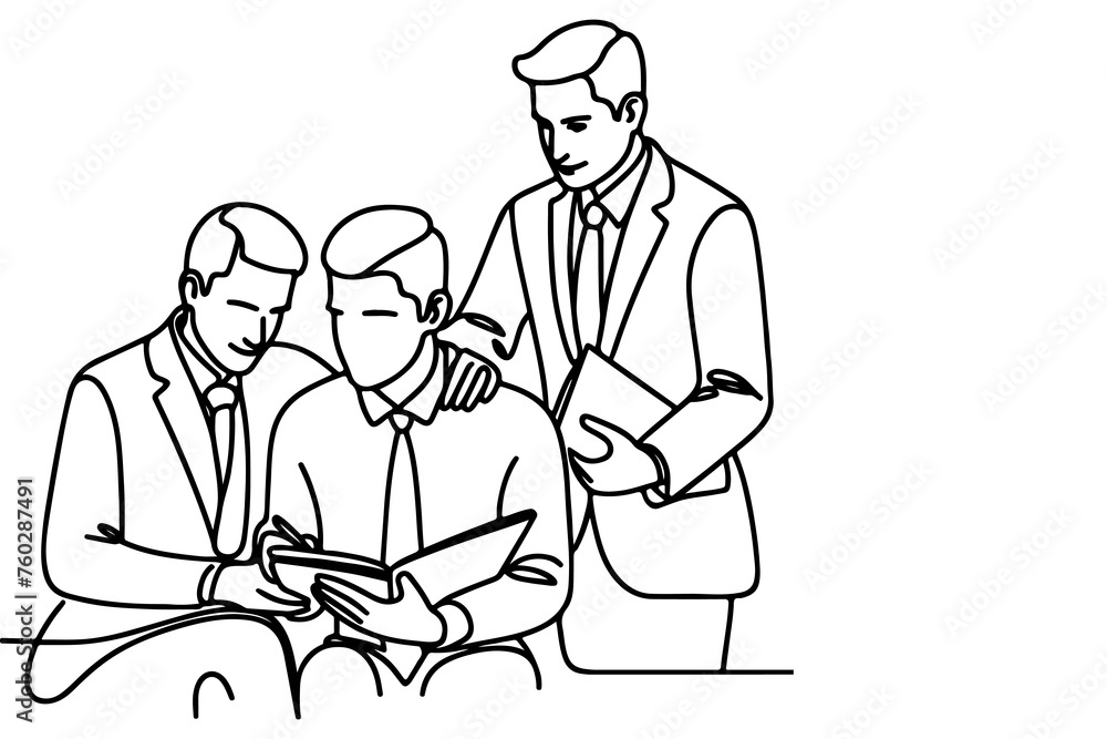 Business man helps colleague at work place and give encouragement vector illustration on white background. continuous one line drawing cartoon