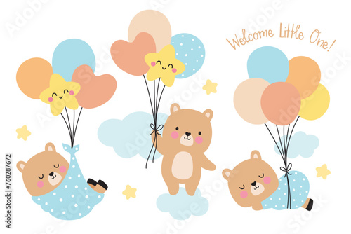 Baby boy shower vector illustration. Cute baby bear holding balloons and floating on the cloud. © JungleOutThere