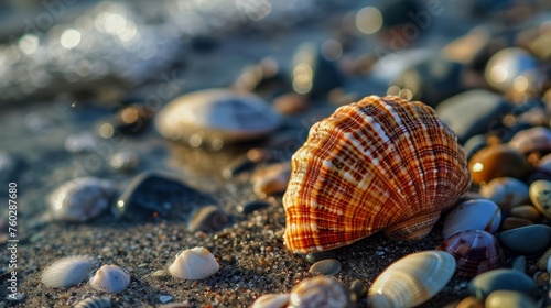 Photos of beautiful tropical beach with conch shell sea on the sand, peaceful and relaxing atmosphere