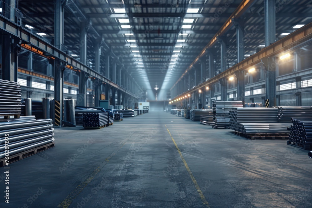 a warehouse scene with high-quality steel pipes or aluminum neatly stacked and organized, awaiting shipment