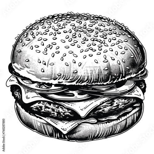 Burger. Digital drawing suitable for menus, restaurants, or online food delivery platforms. Sandwich featuring ham, beef, and bread. A representation of American fast food.