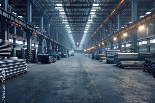 a warehouse scene with high-quality steel pipes or aluminum neatly stacked and organized, awaiting shipment