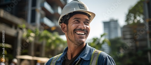 engineer man wearing helmet nd uniform holding blue print roll with modern concrete and steel building construction site
