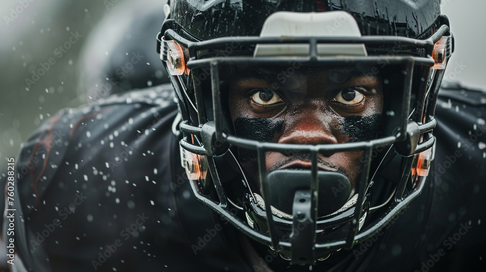 Close up action shot of an American football player intensity in his eyes as he charges down the field Close up action shot of an American football player intensity in his eyes as he charges down the field