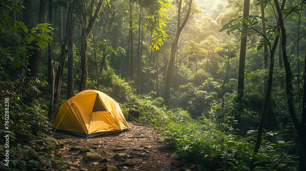 Eco adventure awaits serene trekking path through lush forests camping gear ready embrace natures tranquility