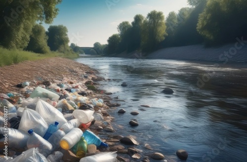 environmental pollution by garbage,plastic bags and bottles,Plastic garbage in the river , pollution and environment concept photo
