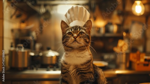 Cat chef in a bustling kitchen, warm lighting, eye level, soft focuslow noise