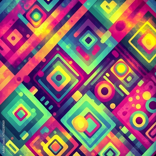 abstract background of colorful geometric shapes. The shapes are a blend of triangles, squares, and circles in various sizes, interconnected and overlapping.