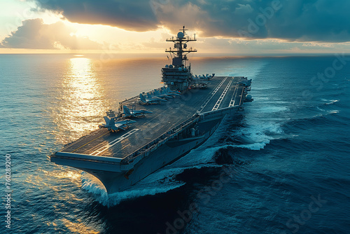 Military ship aircraft carrier in the ocean, aerial view