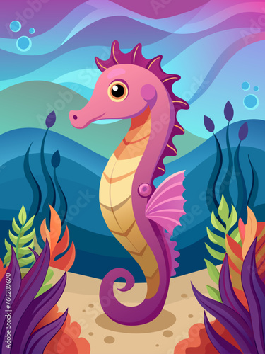 A sea horse swims gracefully against a vibrant underwater backdrop.