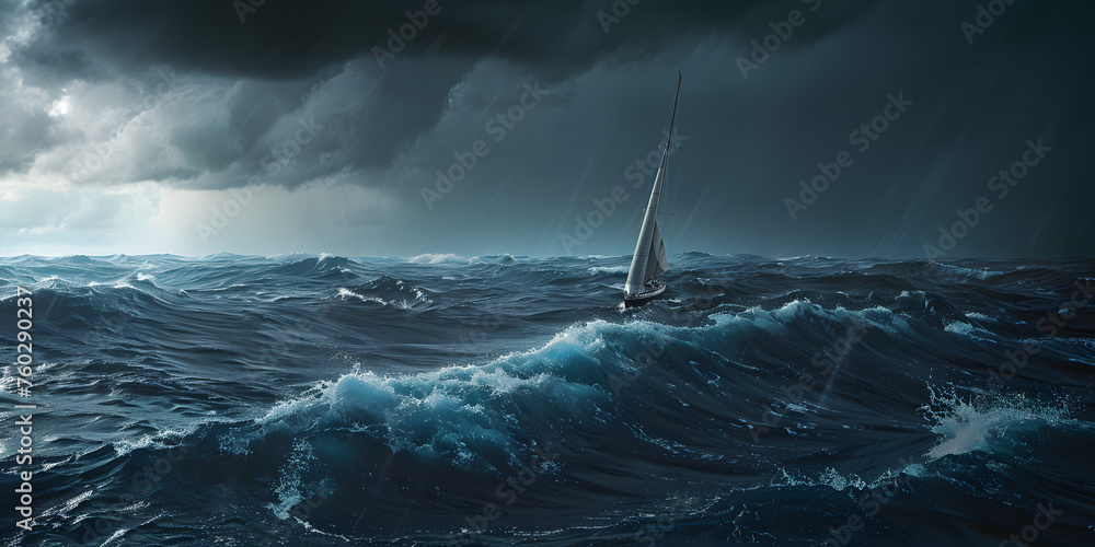 Mar agitado com um barco solitário - obrazy, fototapety, plakaty 