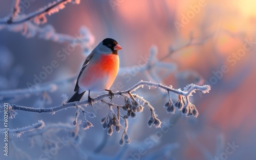 A Bullfinch Enduring the Brisk Cold, Perched Atop a Chilled Branch © Pure Imagination