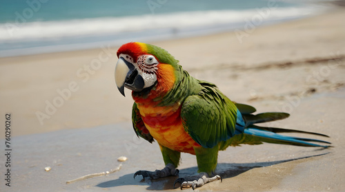 Colored parrot walking on a white sand beach. generative.ai