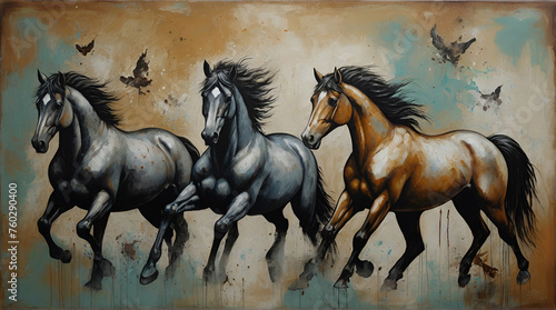 Detailed painting of modern abstract art  with metal elements  texture background  and animals and horses. generative.ai