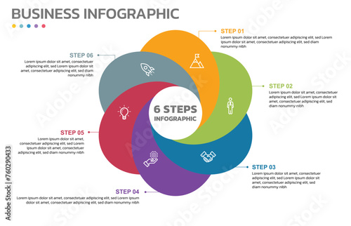Visual data presentation. Cycle diagram with 6 options. Pie Chart Circle infographic template with 6 steps, options, parts, segments. Business concept. Marketing infographic vector illustration.