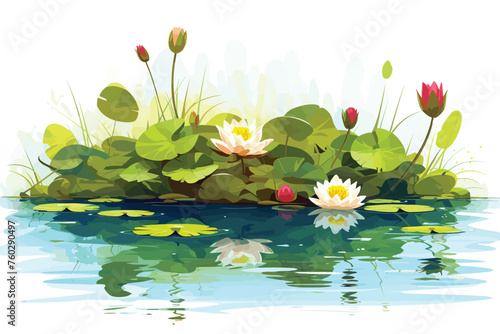 Photo of pond with lotus flower vector art white background. Generative AI
