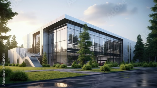 innovative design factory building illustration sustainable efficient, functional spacious, creative contemporary innovative design factory building