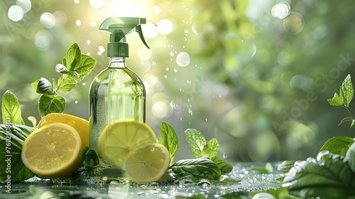 Green Cleaning Spray Bottle with Lemon and Mint Leaves in Fresh Spring Light