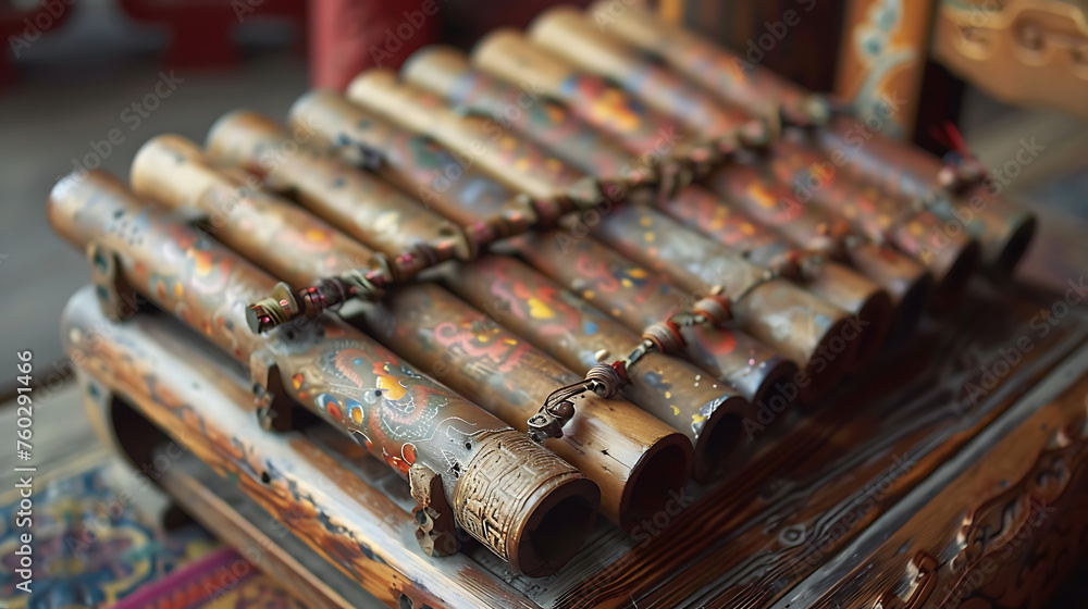 Tibetan Musical Instruments for Meditation, Traditional Asian Sound Healing Tools on Wooden Background, Relaxation and Zen Concept, Generative AI

