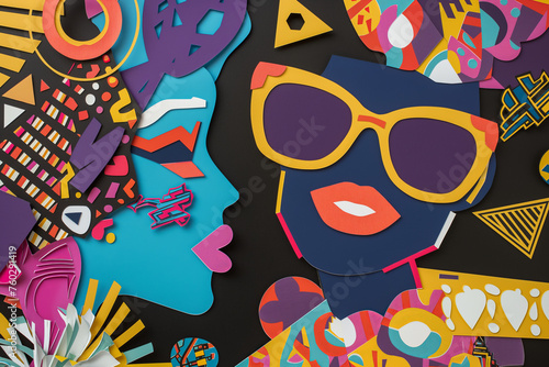 Retro pop art collage of a beautiful woman on black paper background, female fashion model, abstract young beautiful social media trendy style wearing sunglasses