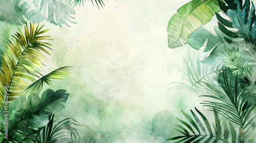 Artistic watercolor background of lush tropical foliage in various shades of green with a dreamy mist effect. © Watie2781